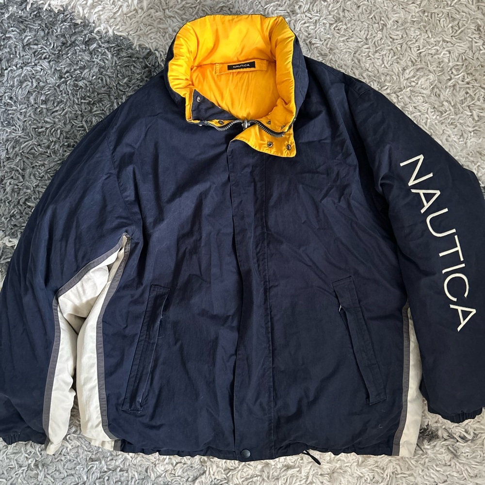 Nautica Vintage Navy Blue Gray Cream Puffer Jacket Sz XXL Reversible Yellow 90’s